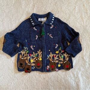 Tiara International VTG girls reindeer Christmas embroidered zippered cardigan